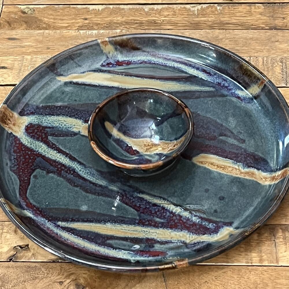 Art Studio Pottery Fairhaven Ceramic Chip Dip Platter 13" Blue Beige Abstract
